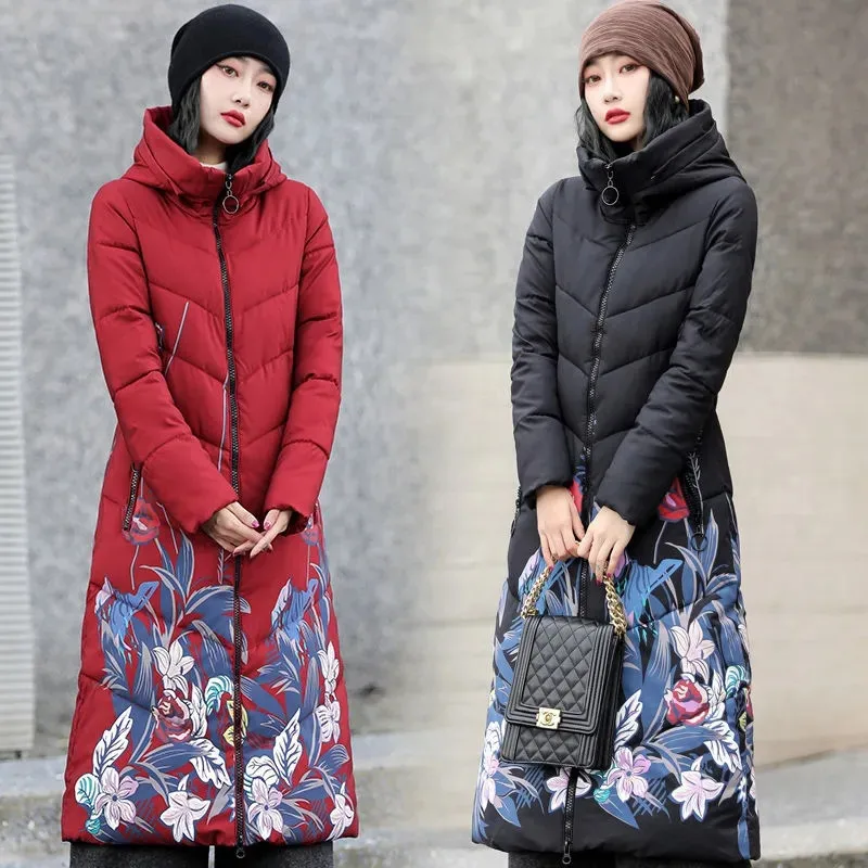 

2024 Winter Parkas Down Padded Jacket Women Embroidery Print Coat Loose Long Hooded Warm Cotton Clothing Female Overcoat W074