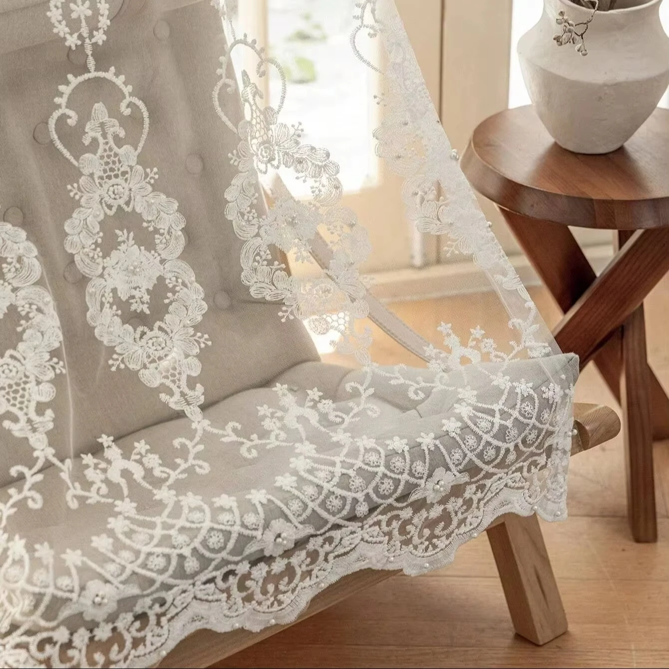 French Romantic White Pearl Embroidered Tulle Curtain For Living room Decoration Luxurious Exquisite Window Voile Sheers Drapes