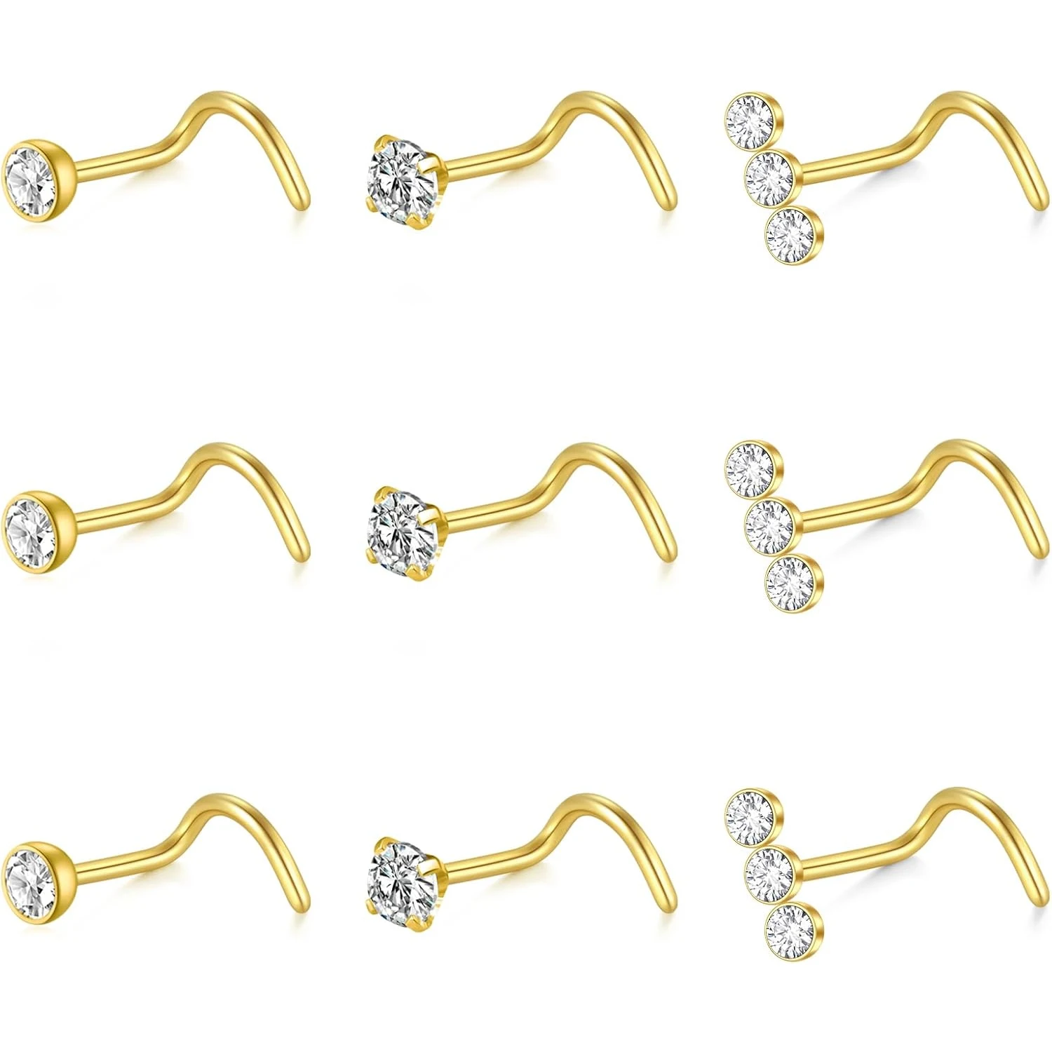 9pcs Set 20G Nose Rings Studs Stainless Steel Bend Rod Bone Diamond Corkscrew Nose Ring Nostril Piercing Jewelry For Women Men