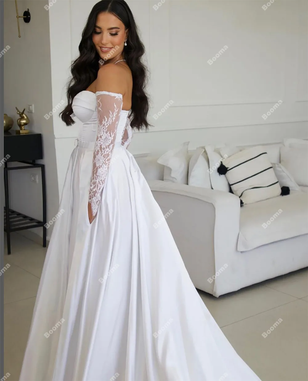 Booma-Robe de soirée A-Line avec poche pour femme, robes de mariée élégantes, chérie, fête de mariage, tout ce qui est pour les patients, manches en dentelle