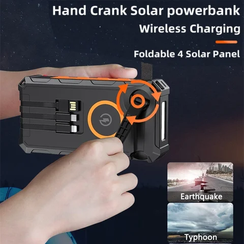 20000 мАч Ручной аккумулятор на солнечной батарее со складными 4 солнечными панелями Беспроводное зарядное устройство Dual USB Powerbank для iPhone 16 Xiaomi Huawei