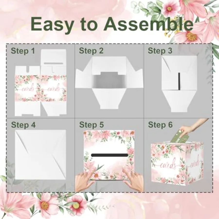 صندوق بطاقات مزين بالزهور الوردية بألوان مائية حامل صندوق بطاقات الزفاف صندوق استقبال لبطاقات الهدايا لحفلات التخرج وحفلات الزفاف أو استحمام الطفل Ra