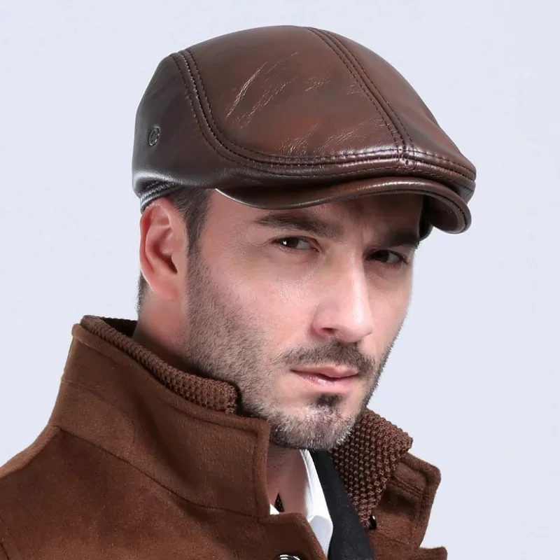 

Men's Outdoor Leather Hat Winter Berets Male Warm Ear Protection Cap 100% Genuine Leather Dad Hat Wholesale Leisure Bone