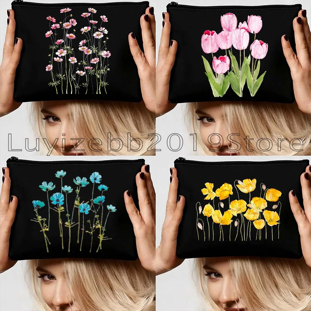 Yellow Pink Cosmos Roses Tulips Daisy Poppy Flowers Hyacinth Watercolor Cute Gifts Canvas Cosmetic Makeup Bag Pencil Case Pouch