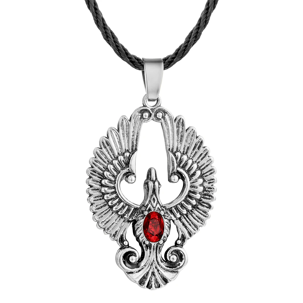 Gothic Red Crystal Phoenix Bird Necklace Protection Pendant Men Retro Punk Black Rope Slavic Crow Amulet Jewelry Friends Gifts