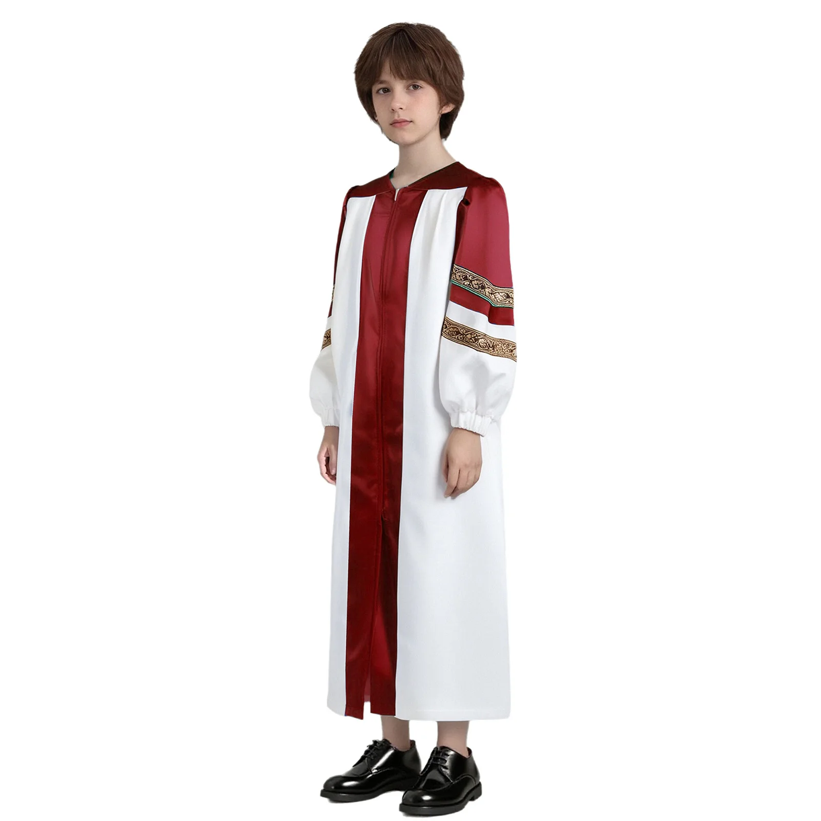 Boys Girls Choir Robe Dress Halloween Cosplay Theme Party Costume Embroidered Stripes Long Sleeve Color Block Dress Clergy Gown