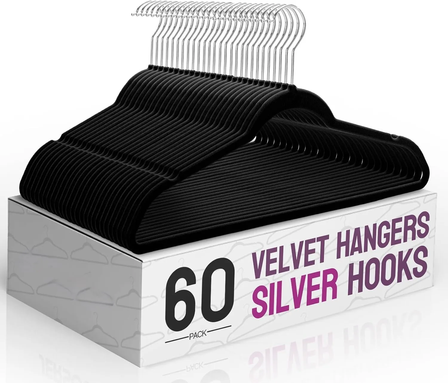 60er-Pack Schwarze Samt-Kleiderbügel | Mit 360°-Schwenkhaken, platzsparend & ultraschlank – Ideal für Tops, Blusen, Shorts, Pullover, Mäntel & Anzüge