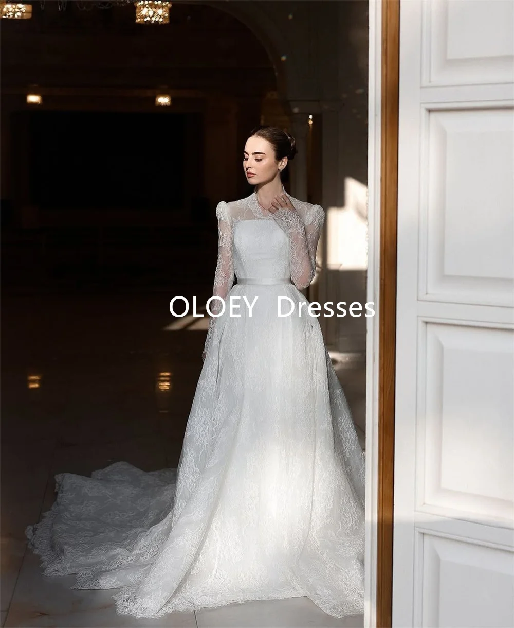 OLOEY Luxury Full Lace A Line Wedding Dresses V Neck Floor Length Arabic Bride Gowns Customized Sweep Train Ribbon Sashes Button