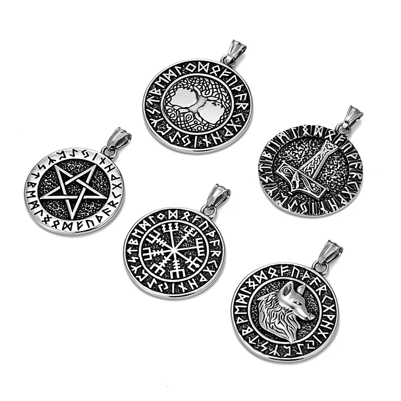 Virgin Odin Wolf Head Rune Life Tree Pendants Necklace Personality Men's Women's Stainless Steel Axe Compass Punk Sweater chain