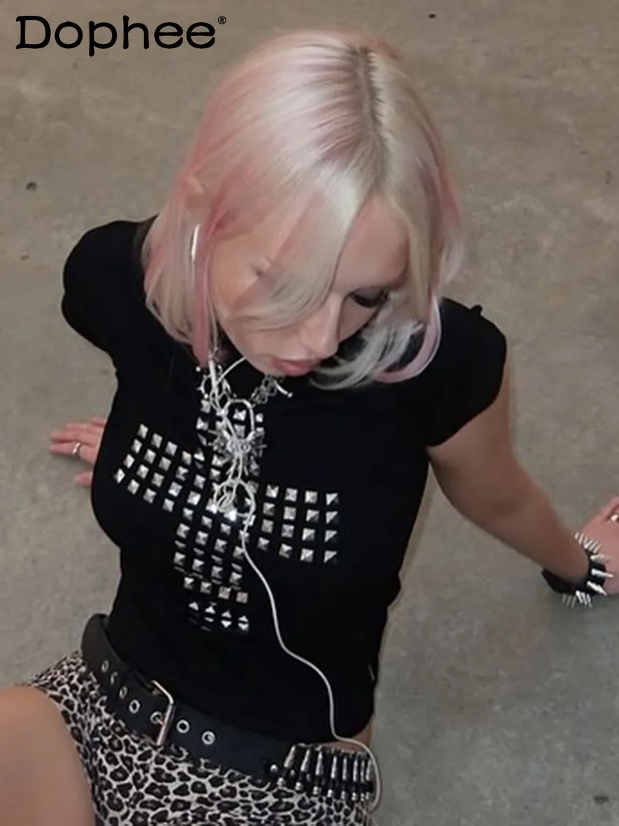 

Y2K Subculture Japanese Gothic Dark Punk Street Style Hot Girl T-Shirt Cross Rhinestone Round Neck Short Sleeve Women's Top