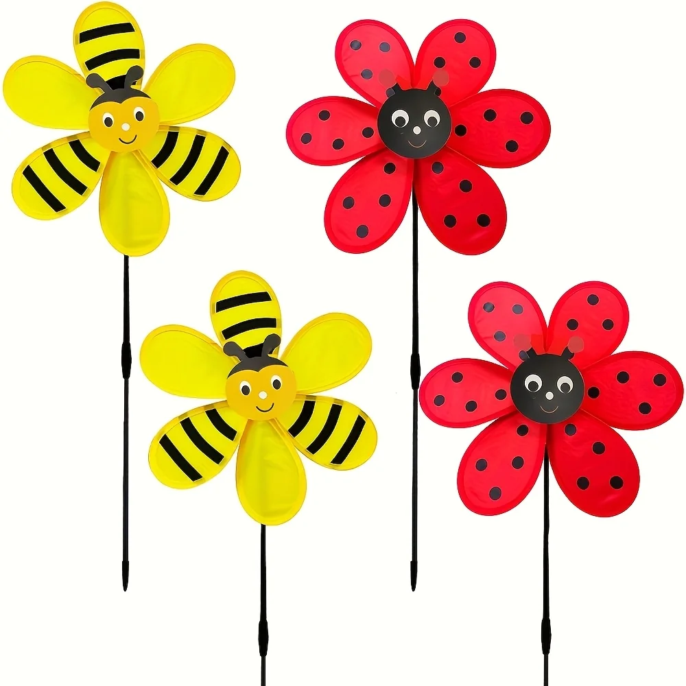 4pcs Flower Wind Spinner Garden Pinwheels Whirligigs 11.8inch Ladybug Bee Windmill Wind Spinner Pinwheel for The Yard Garden