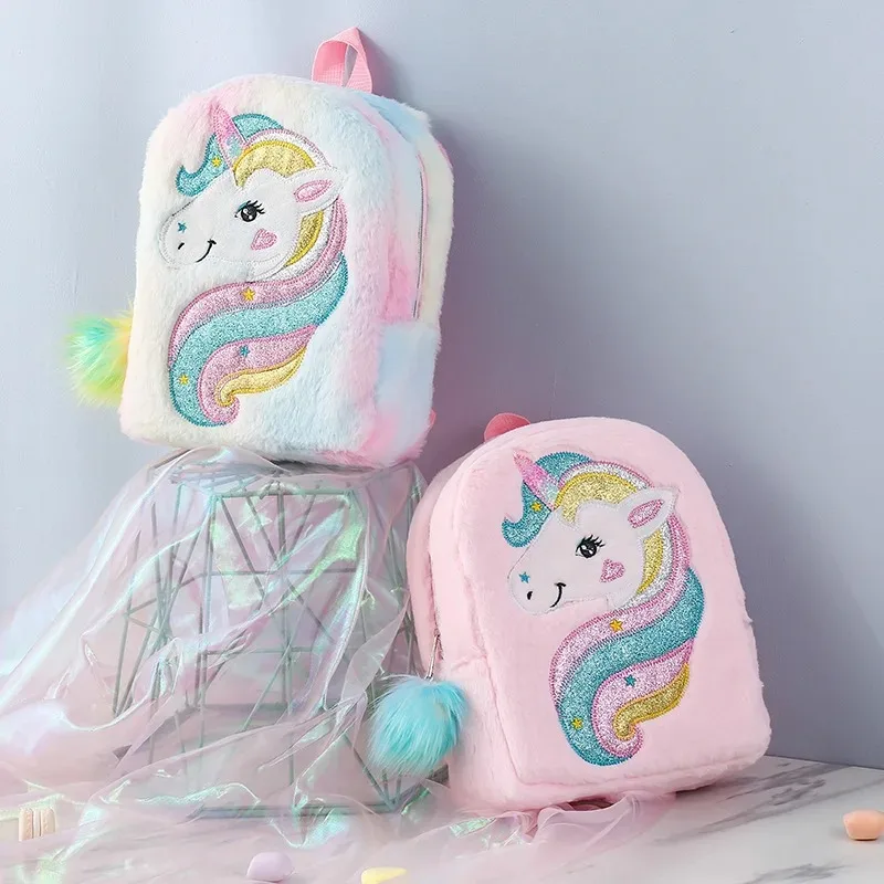 Cute Princess Unicorn Plush Mochilas Saco de escola animal dos desenhos animados Mochilas infantis Mochila macia colorida infantil Sacos de meninas