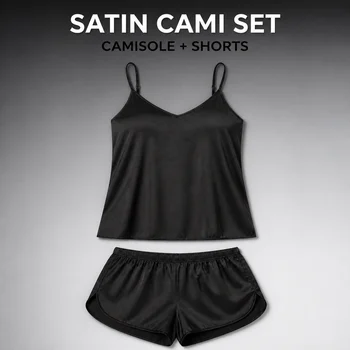 Women's Satin-Finish Pajama Set V-Neck Adjustable Strap Camisole and Shorts Polyester…