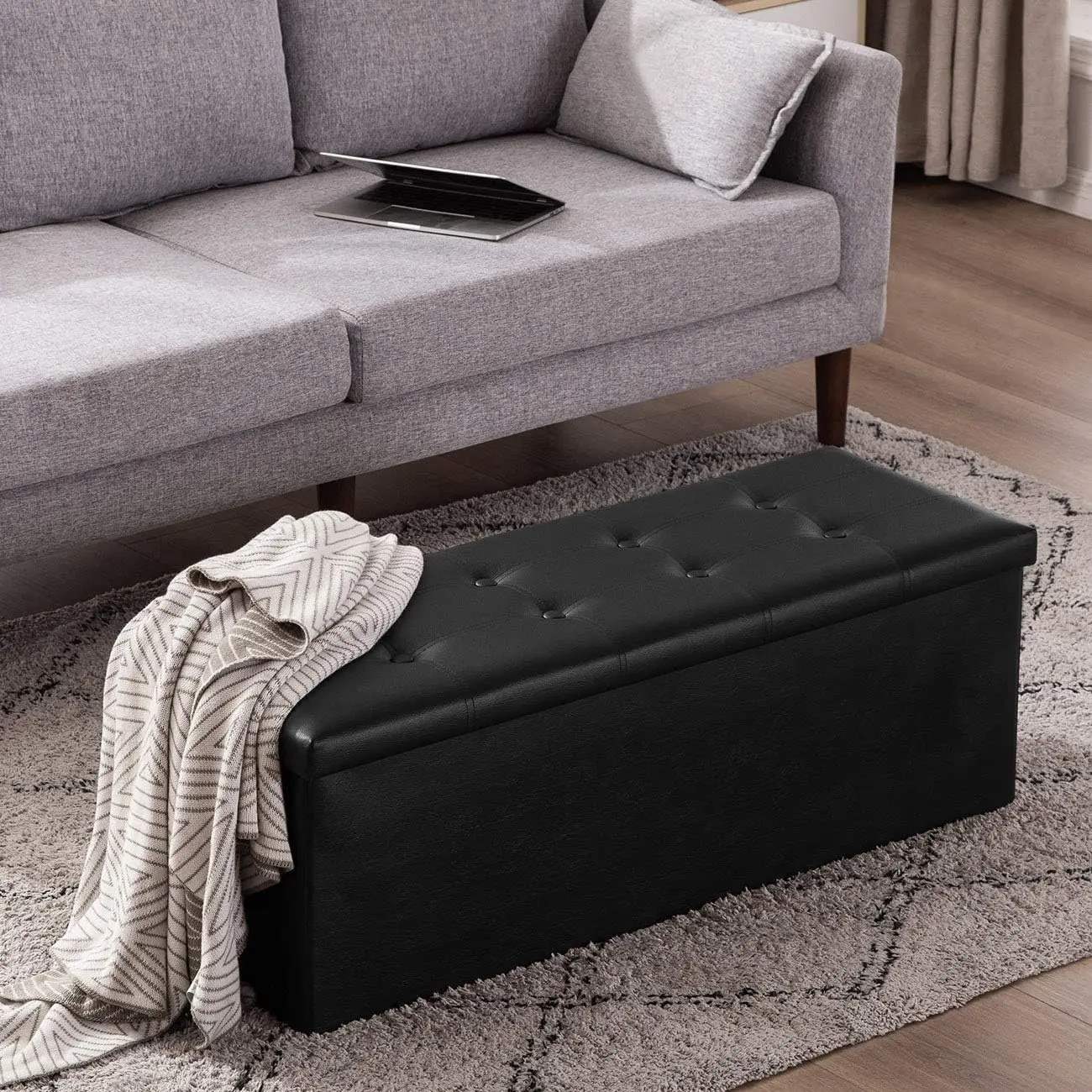 43 Inches Folding Storage Ottoman Bench, Storage Chest Foot Rest Stool with Wooden Divider 43