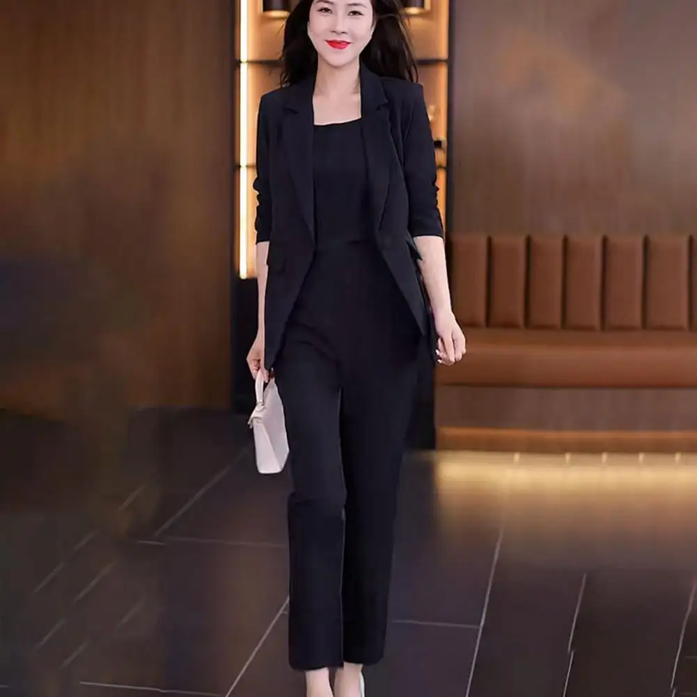 Women Vest Blazer Pants Suit Lapel Cardigan Straight High Waist Pockets Slim Formal Suit Business Clothes Jacket Trousers Suit