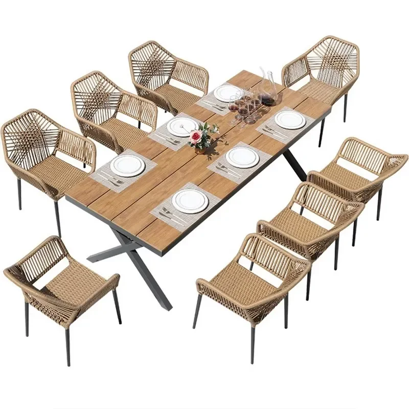 Customizable Modern Style PE Rattan Garden Set Durable Outdoor Patio Balcony Leisure Furniture-Dining Table Chairs Umbrella