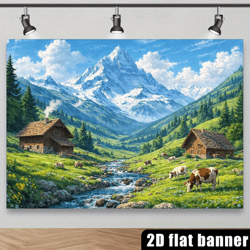 2D-Hintergrundstoff mit Motiv „Dolomitgebirge, Kirche, See“, Polyester-Material, geeignet für den Innenbereich