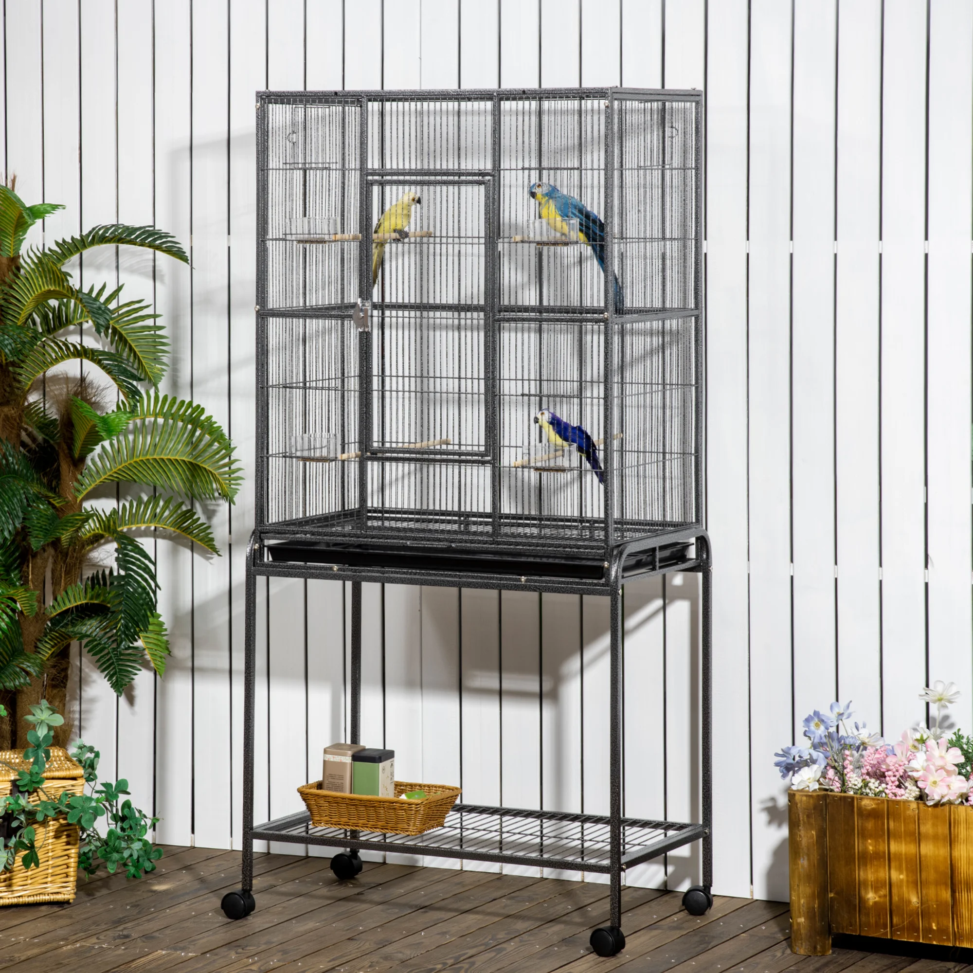 PawHut Jaula para Pájaros con 4 Comederos Ruedas 81x48x162,5 cm Negro y Gris