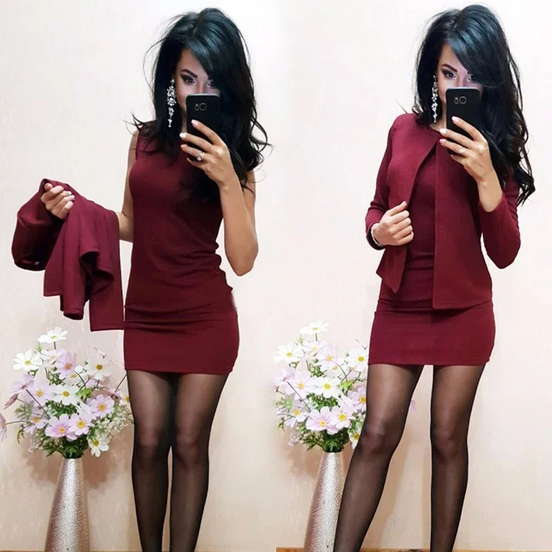 Fashion Dress Suits 2 Piece Set For Women Blazer Solid Jacket & Dress Short Mini Dress Businesss Office Lady Suit Feminino