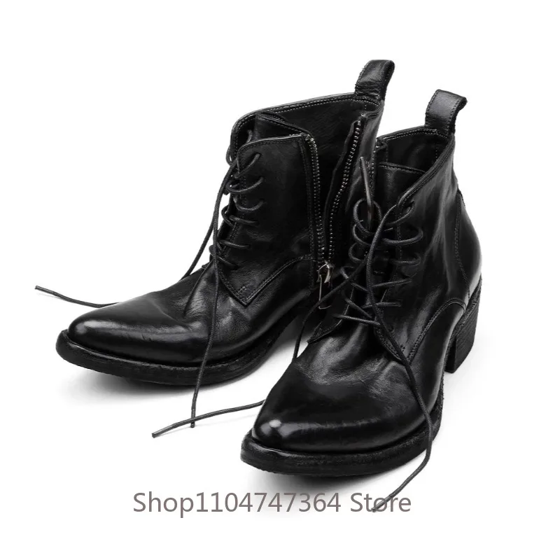 Designer Luxury High Heel Lace Up Pointed Toe Horsehide Chelsea Boots Men Shoes Genuine Leather Casual Business Work Boots Male