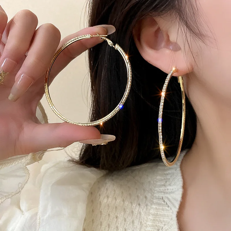 Mode 30-80mm Hoop Ohrringe Für Frauen Mädchen Kristall Strass Ohrringe Gold Silber Farbe Runde Ohrringe Partei schmuck Geschenk – Detail 2