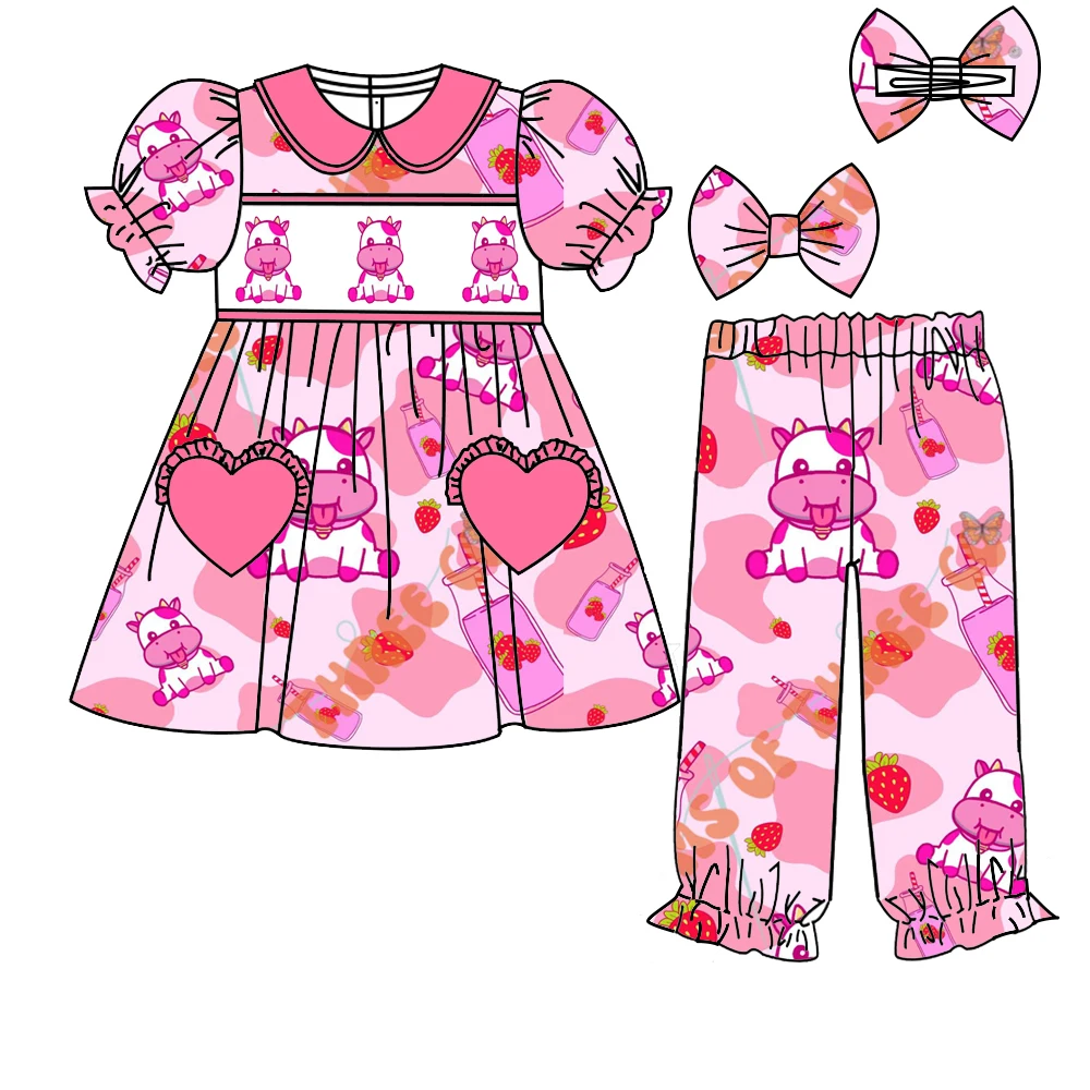 Valentine's Day boutique children's set short-sleeved elastic cow heart print trousers elastic girl set baby nightgown pajama se