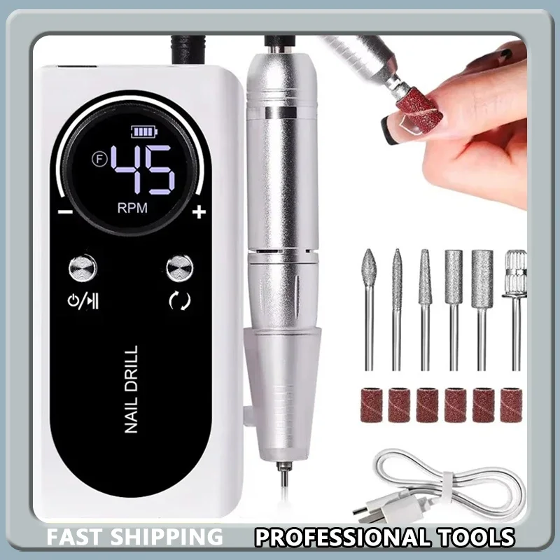 

Профессиональная электрическая портативная дрель для ногтей 45000 об/мин, перезаряжаемая малошумная шлифовальная машинка для ногтей, инструмент для маникюрного салона
