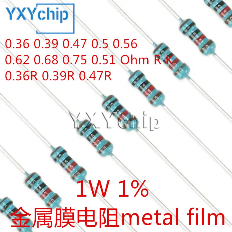 Metal o resistor do filme, 1w, 0,36, 0,39, 0,47, 0,5, 0,56, 0,62, 0,75, 0,51, ohm, r, k, resistência de 1%, 0.36r, 0.39r, 0.47r, 20pcs