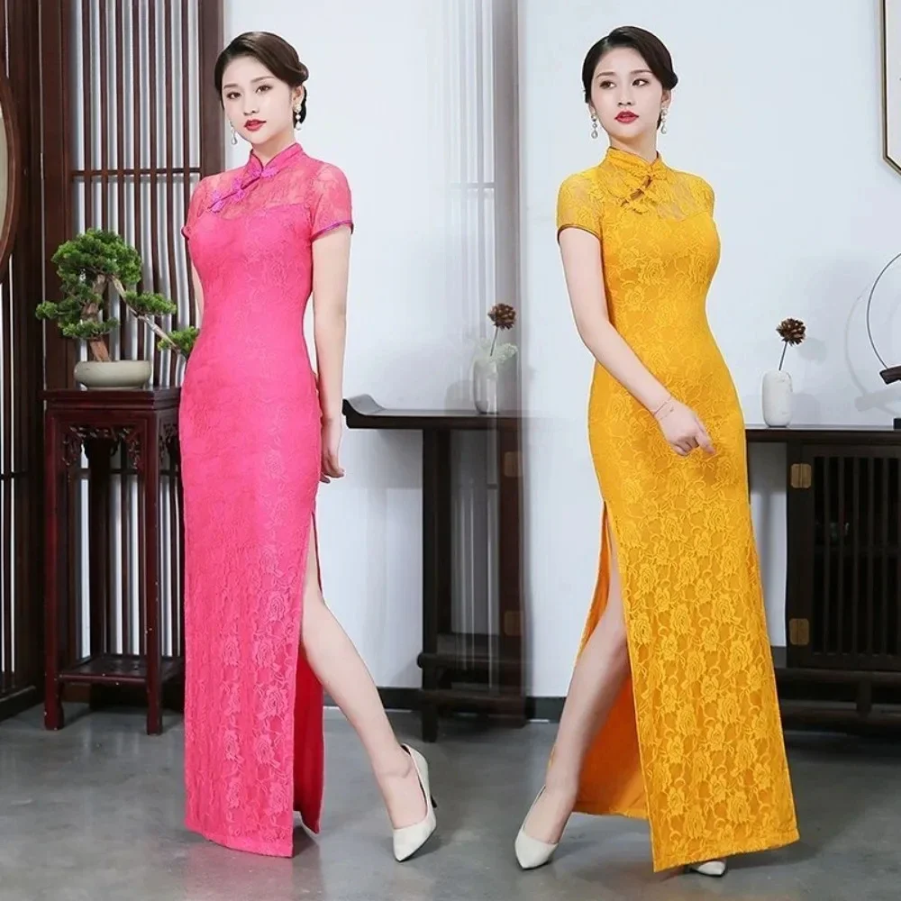 

Wear Yellow Pink Blue Lace Cheongsam Plus Size Qipao Long Women Chinoiserie Dignified Elegant Fashionable Chinese Slim Party