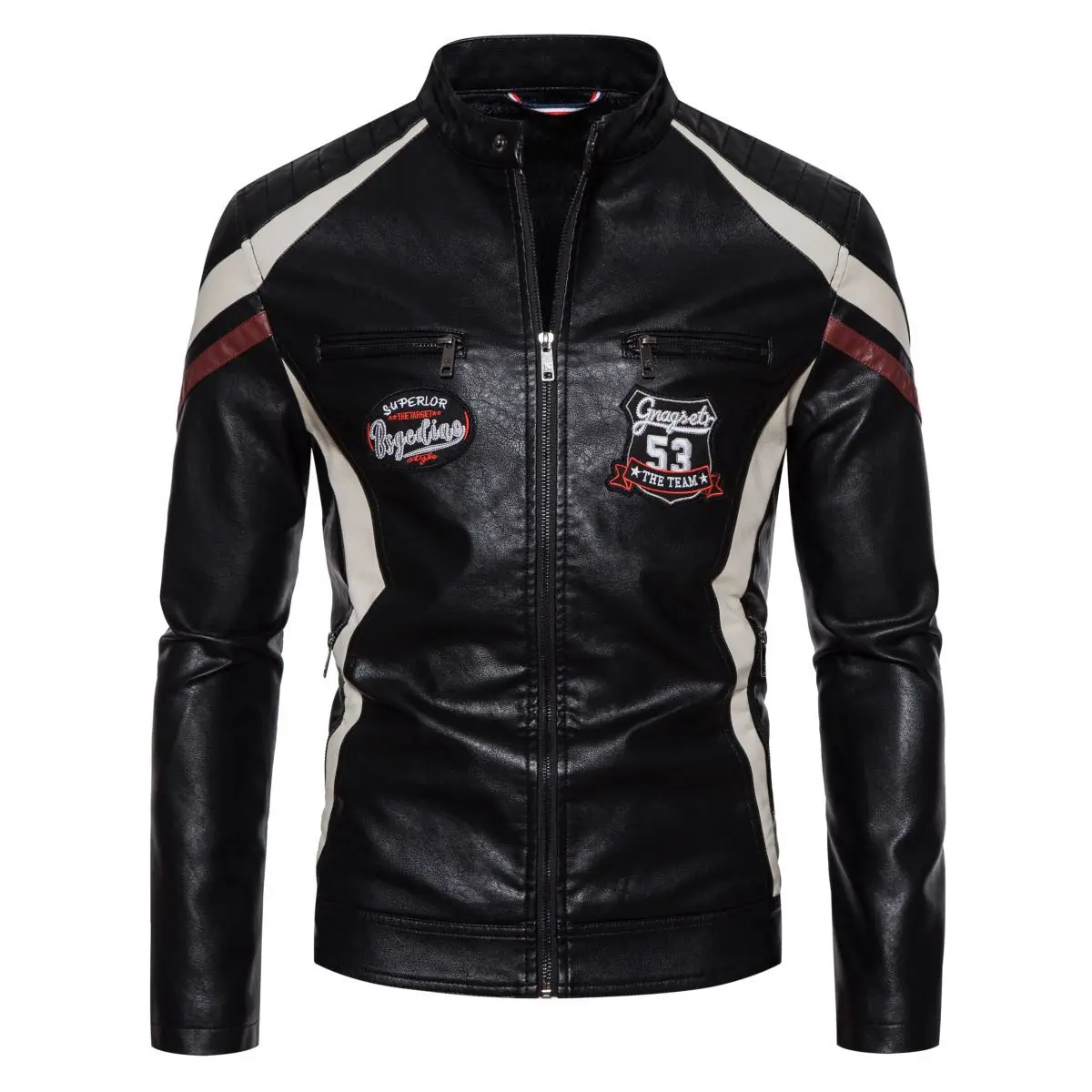 

Men's leather jacket, stylish badge design motorcycle jacket windproof contrasting color handsome slim fit leather jacket M-4XL