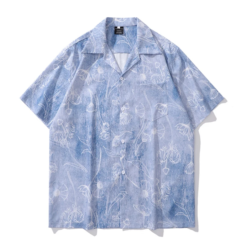 Front Pocket Full Printed Hawaii Shirts Men Summer Short Sleeved Men's Shirts Male Top