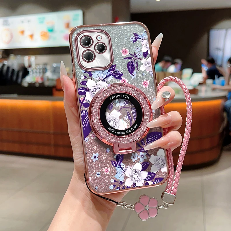 Hot40 Purple flowers Plating Bracelet Holder Phone Case For Infinix Hot 50Pro 30i 50 40Pro 30 40 PLAY 11S 12 30 11 20 Cover