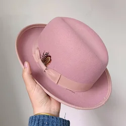 Fedora hat Premium Pink Fedora Hat New Women's Curled Bow Colorful Felt Hat Men's Concave Top Short Party Hat