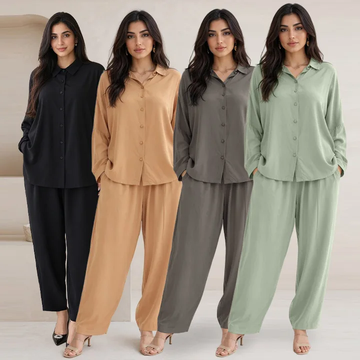 Women Solid Color Simple Basic Casual Trendy Daily 2 Piece Sets Turn-down Collar Long Sleeve Shirts Wide Leg Drawstring Trousers