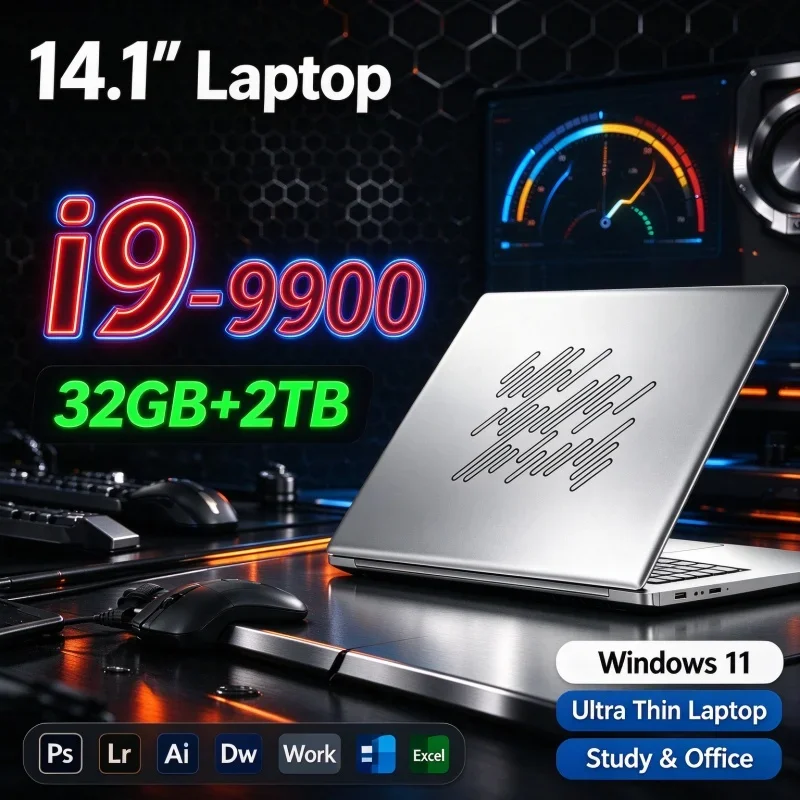New 14.1'' Inch Student Office Laptop Intel Core I9-9900 32GB RAM Optional 1TB/2TB SSD Windows11 Ultra Thin Notebook Daily Use