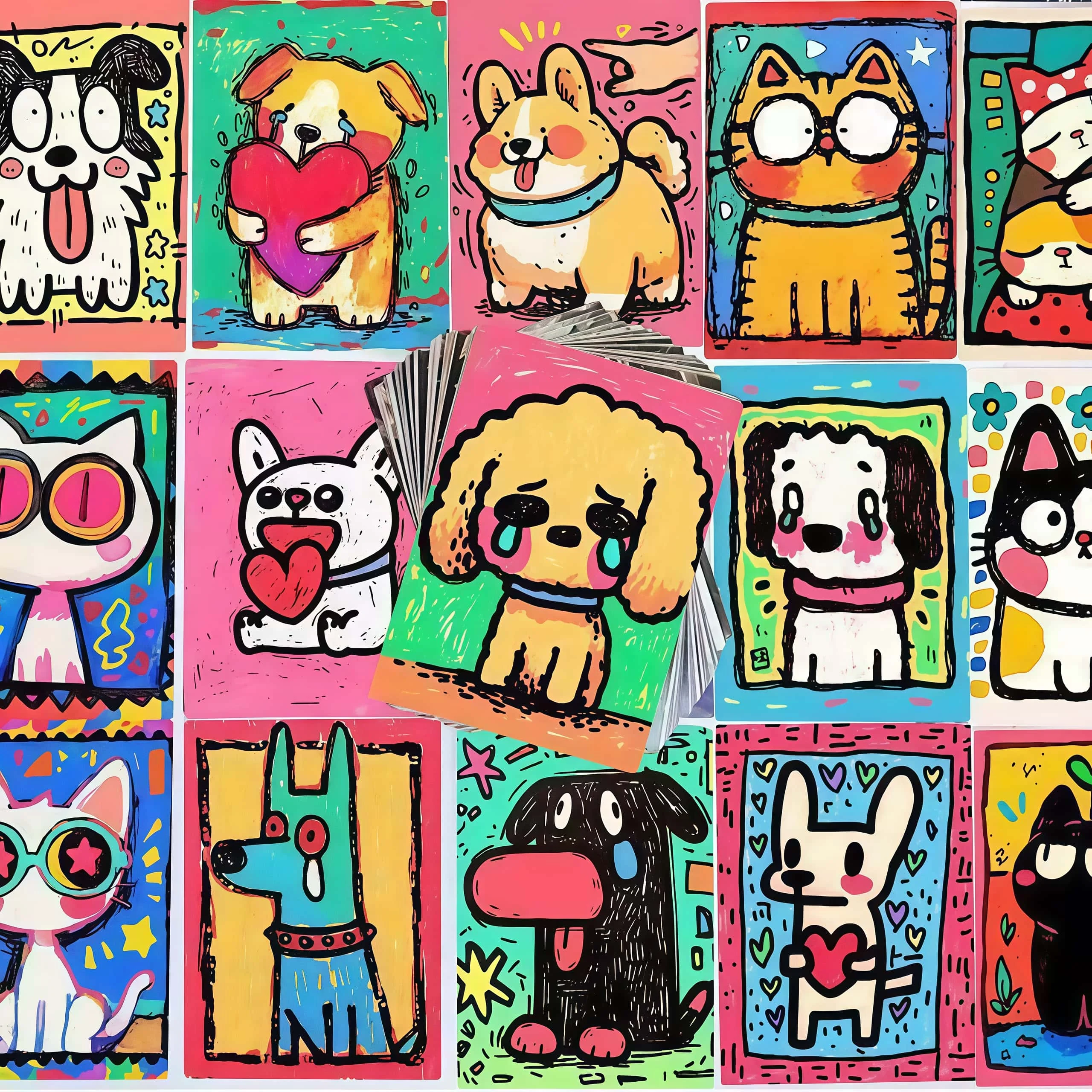 64Pcs Color Graffiti Cat & Dog Sticker Pack, Bright Cartoon Pet Drawing Decals for Laptop, Water Bottle, Journal & Handmade DIY
