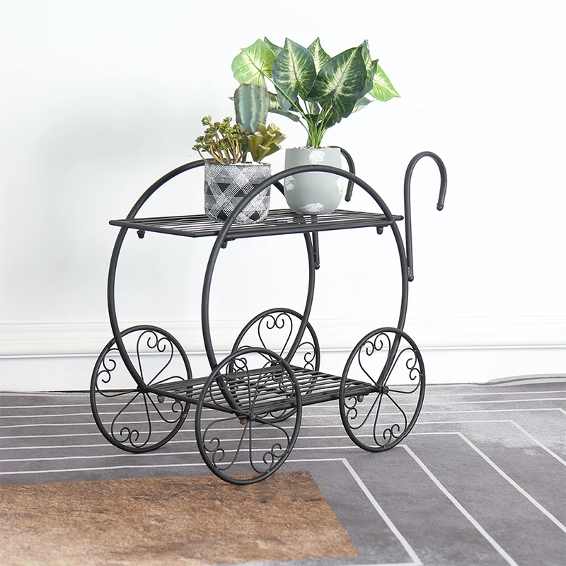 Indoor Metal Flower Pot Plant Stand Rack Black 2-Tier Display 4 Wheel Wagon Garden Metal Planter Stand Holder