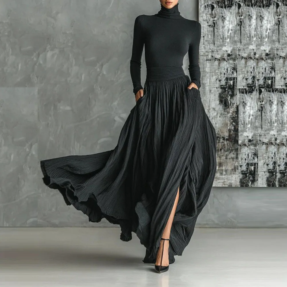 

Элегантный женский пуловер с воротником на заказ, юбка с длинными рукавами и карманами, драпированный облегающий повседневный вечерний наряд