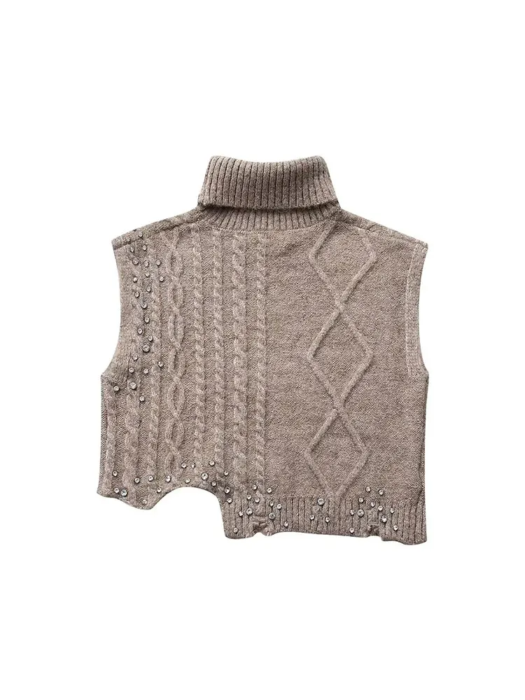 TRAF 2024 Women Vest With Rhinestone Sleeveless Sweater Knitting Vests for Women Turtleneck Pullovers Female Chic Waistcoat Tops