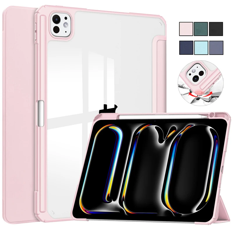 

For iPad Pro 2024 Case Trifold PU Leather Acrylic Back Hard Smart Cover For iPad Pro 13 11 Inch 2024 M4 Case with Pencil Holder