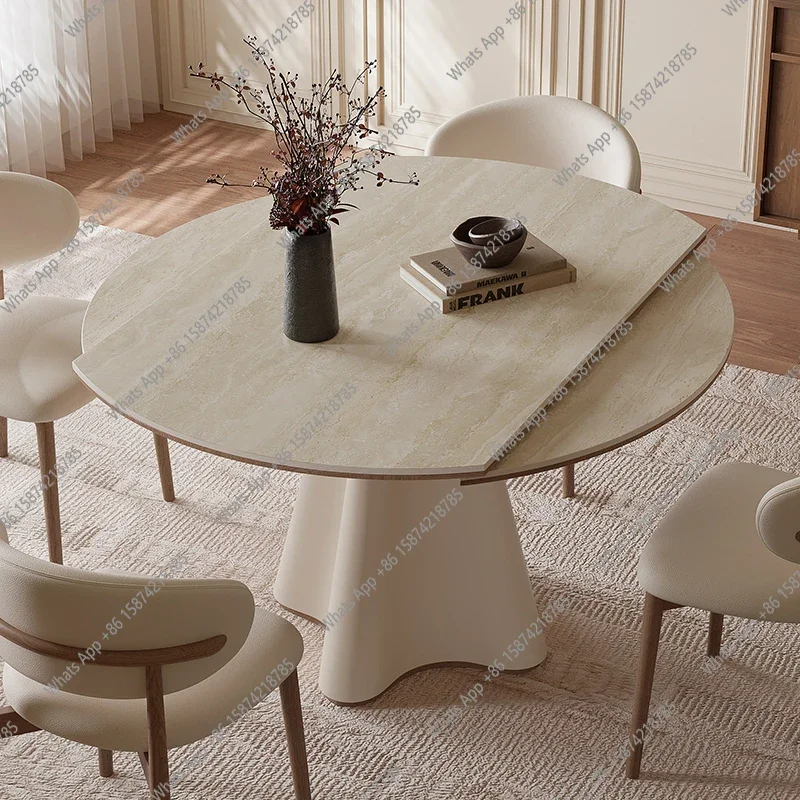 

MX French Cream Wind Tunnel Stone Slate Telescopic Dining Table Small Apartment Household Variable Round Table Dining Table And
