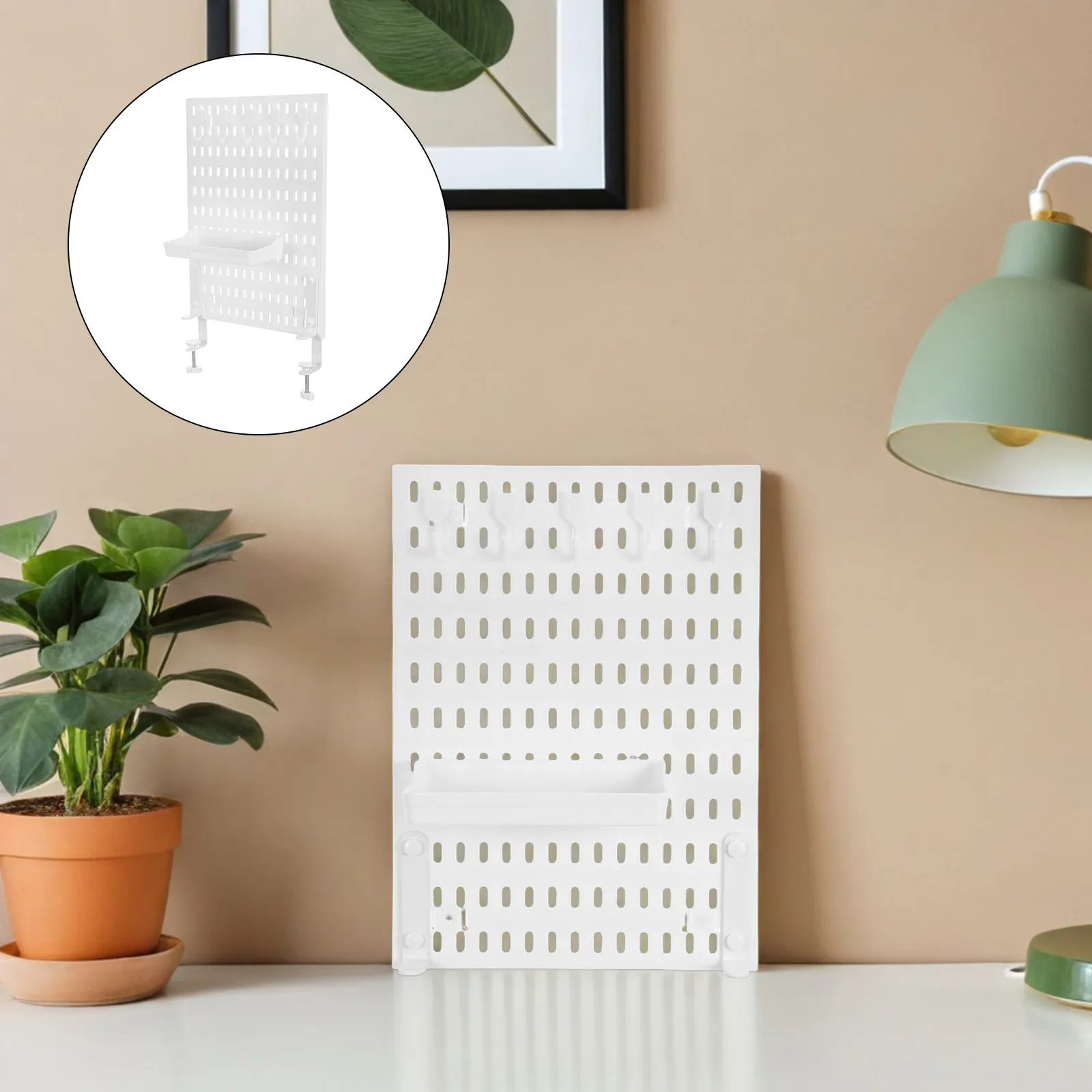

1Set Space-Saving Clamp-on Desk Pegboard Organizer Plastic Tabletop Storage Rack with Hooks Shelf for Office Dorm Room