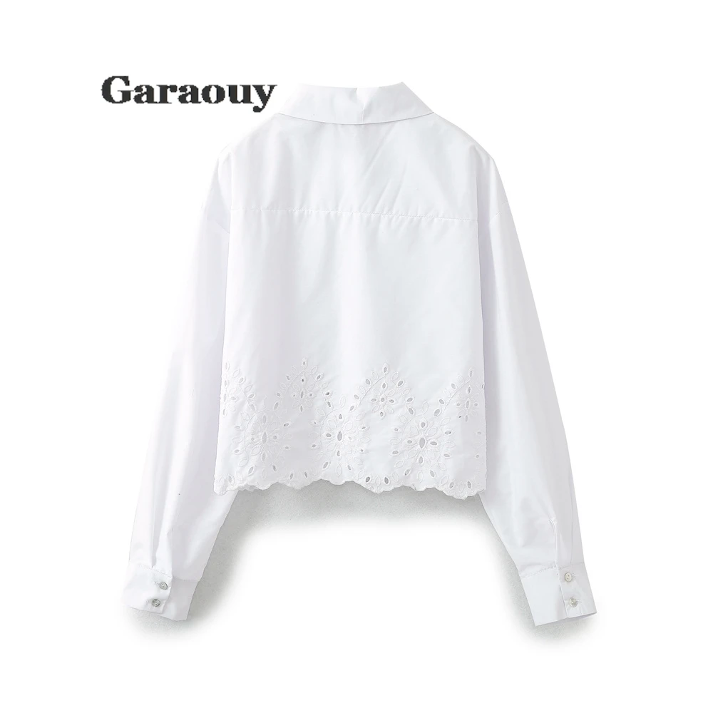 Garaouy White Hole Lapel Shirt For Women Spring Chic Long Sleeve Loose Top Female Casual Crop Blouse High Street Outwear