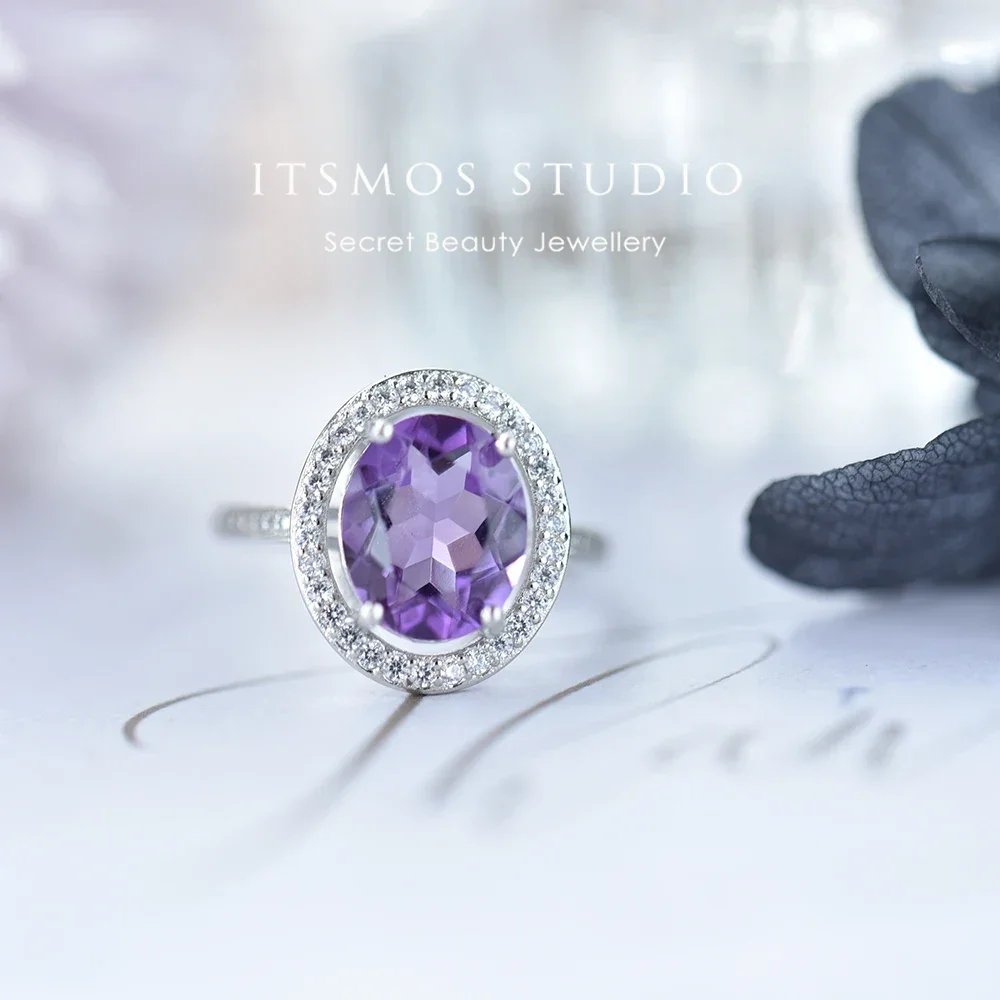 ITSMOS Amethyst Diamond Halo Ring Genuine Ring Bands 9*11 Crystal Gemstone Jewelry Statement Ring for Women Birthstone Gift