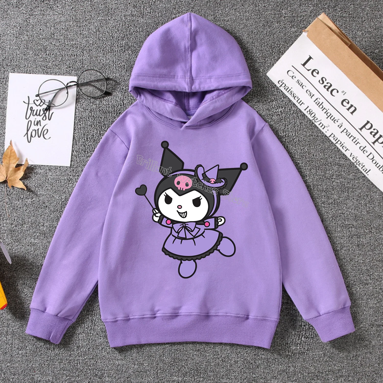 Kuromi Thin Hoodie for Children Cute Sanrio Cartoon Clothing Girls Trendy Clothes Purple Sweatshirt Fashion Long Sleeve Top Gift