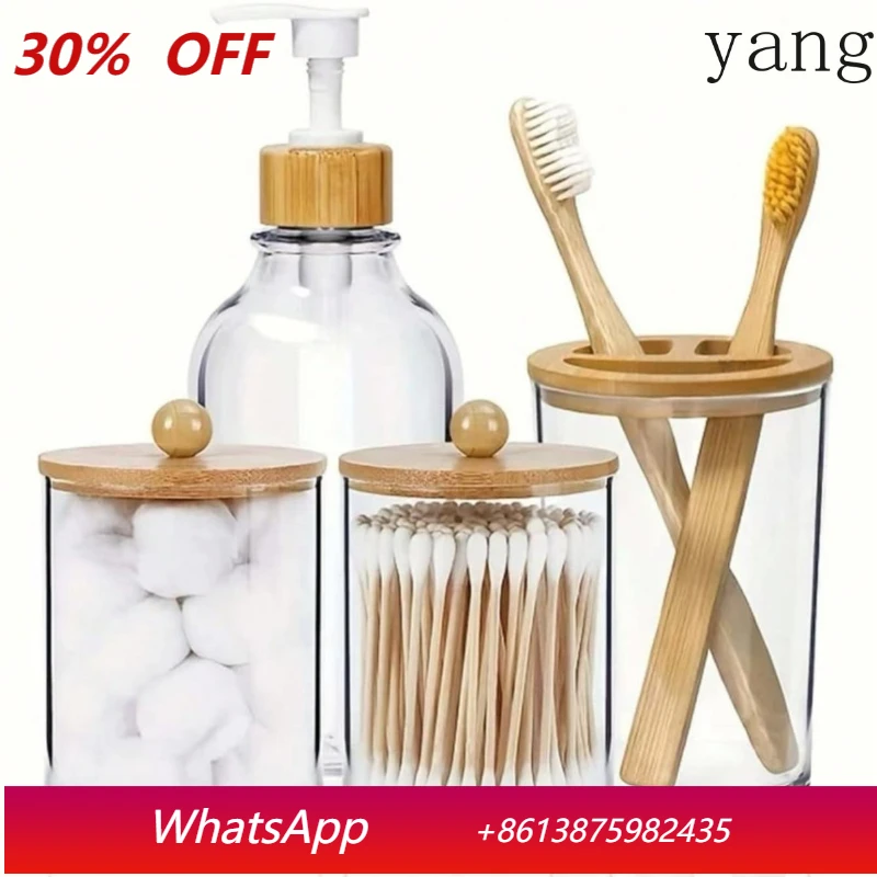 

Прозрачный набор для ванной комнаты из 4 предметов: бамбуковый стакан для зубной щетки, дозатор для антисептика, чехол для бутылки, прозрачный контейнер Alec.