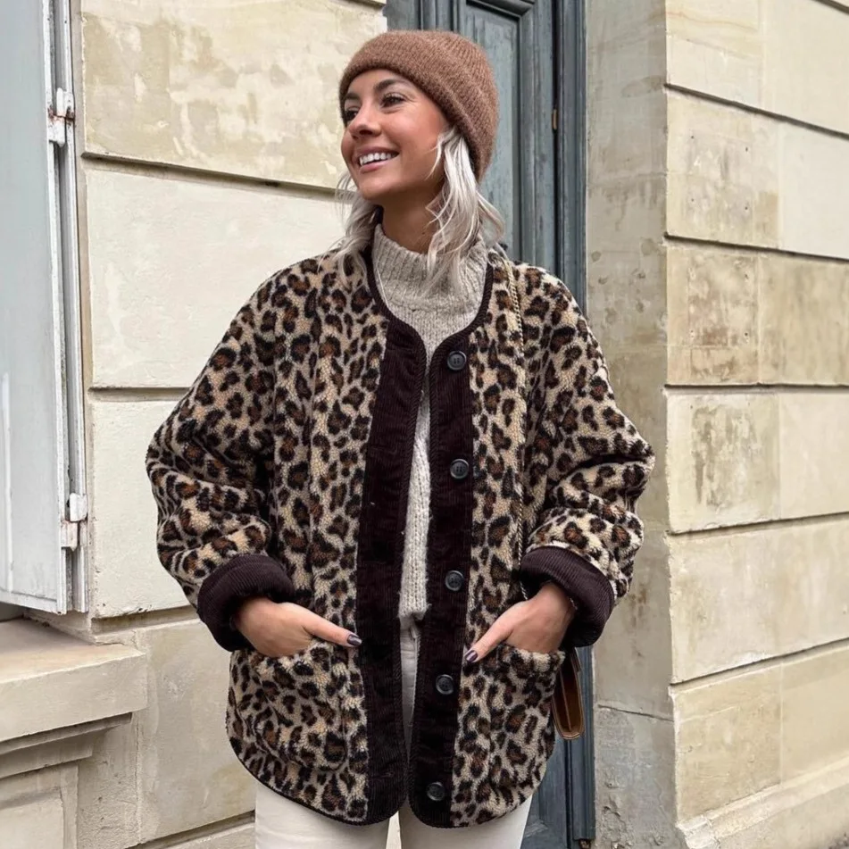 

Женское свободное длинное пальто, осень-зима, винтажная повседневная куртка с леопардовым принтом и длинными рукавами, модная верхняя одежда с круглым вырезом