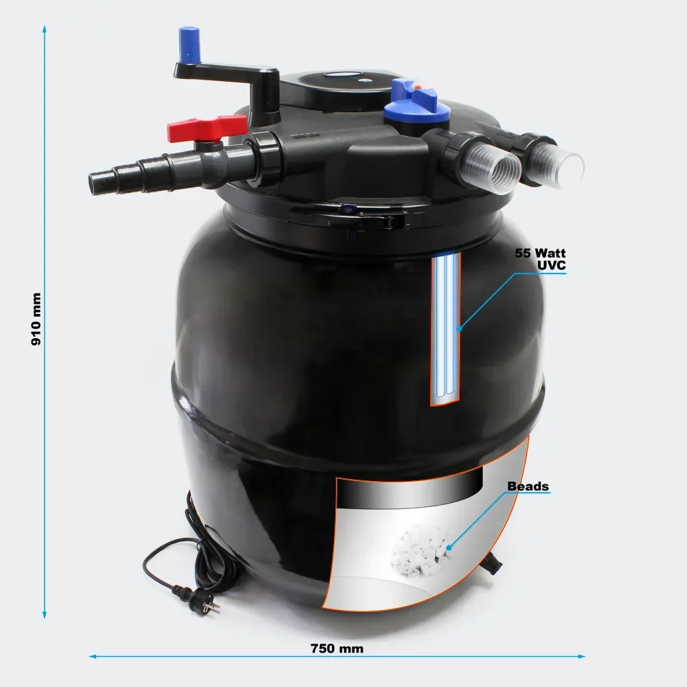 55W UVC Light 13000l/h Max Flow-through Pressure Filter Bio Pond Filter For Home Garden CPF-50000