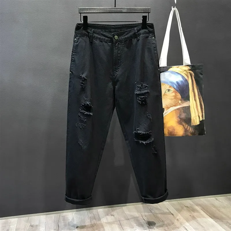 

Pure Bla Ripped Jeans Men Loose Harlan Straight Leg Nine Points Spring Summer Thin Pure Cotton Casual Trendy Brand Denim