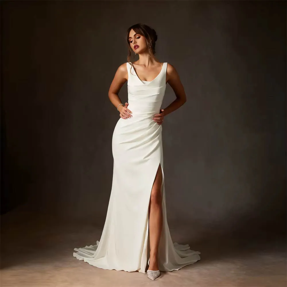 

Customized Thin Straps Boat Neckline Satin Trumpet Wedding Dress For Woman Brid Floor Length Side Slit Sweep Train Bridal Gown